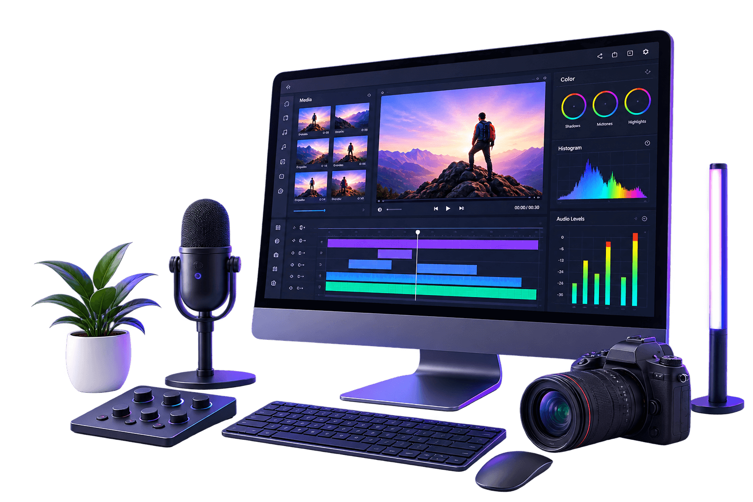 A video editing timeline on a monitor, surrounded by a microphone, camera, and studio lighting